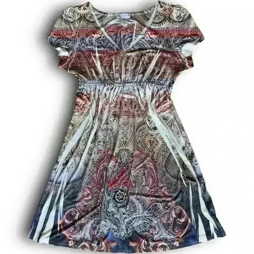 R Rouje Boho Paisley Rhinestone Dress Multicolor Snake Skin‎ Burnout Print 1X